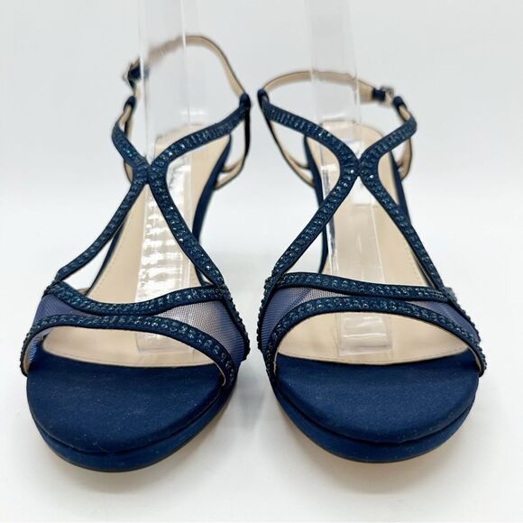 Nina Navy Blue Satin Blossom Slingback Crystal Open Toe Evening Sandal Prom 8.5 - Picture 4 of 14
